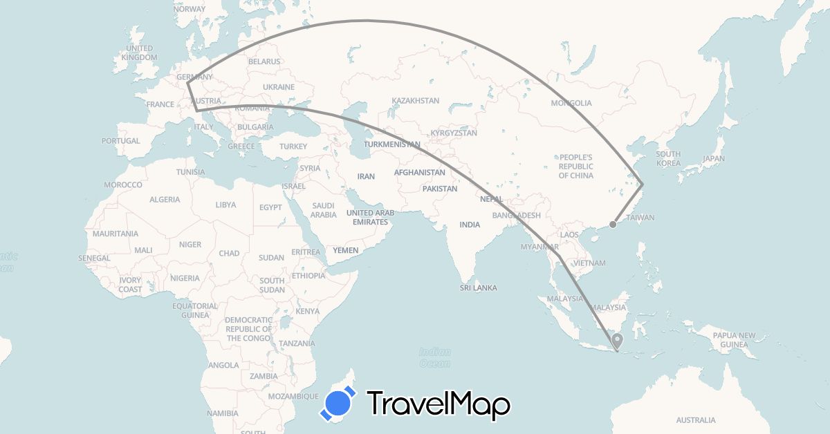 TravelMap itinerary: driving, plane in China, Germany, Indonesia, Italy, Thailand (Asia, Europe)